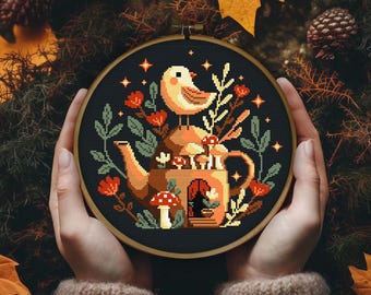 Teapot and Bird Cross Stitch Pattern, Fall Cross Stitch Pattern, Cozy Embroidery, Fall bird stitch pattern, Vintage teapot x stitch, PDF