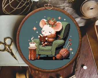 Mouse Cross Stitch Pattern, Reading Mouse Cross Stitch Pattern, Cozy Mouse Embroidery, Cute Mouse Cross stitch pattern, Cute Mouse x stitch