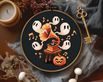 Ghost Gramophone Cross Stitch Pattern, Cute Ghosts Cross Stitch Pattern, Cozy Halloween x stitch, Halloween Cross stitch pattern,Gramophone