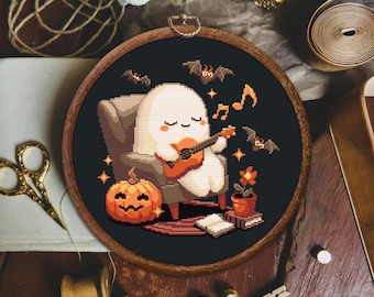 Ghost with Guitar Cross Stitch Pattern, Ghost Cross Stitch Pattern, Cozy Halloween x stitch, Cute Ghost Cross stitch pattern, Cozy Ghost
