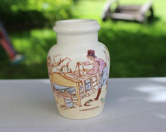 アンティークの小さなリュネヴィル陶器マスタードポット、多色の花の