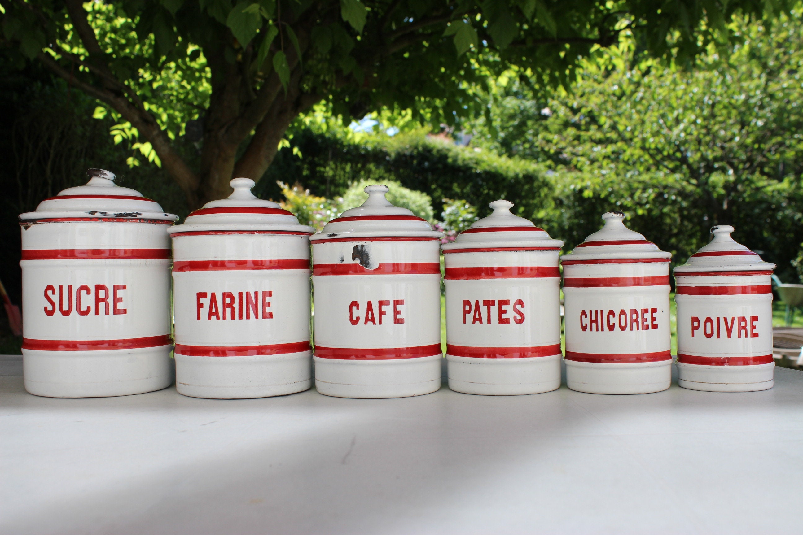 6 Pots à Épices Vintage en Tôle Émaillée Pen