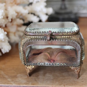 May include: A small, antique glass and brass trinket box with a hinged lid and ornate detailing. The box has a velvet lining and sits on four decorative feet.