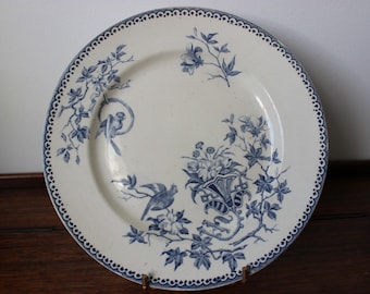 Ancien plat à gâteaux avec pied douche Creil et Montereau modèle Perruche