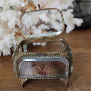 May include: A small, antique glass and brass trinket box with a hinged lid. The box has a decorative, ornate design and sits on four small feet.