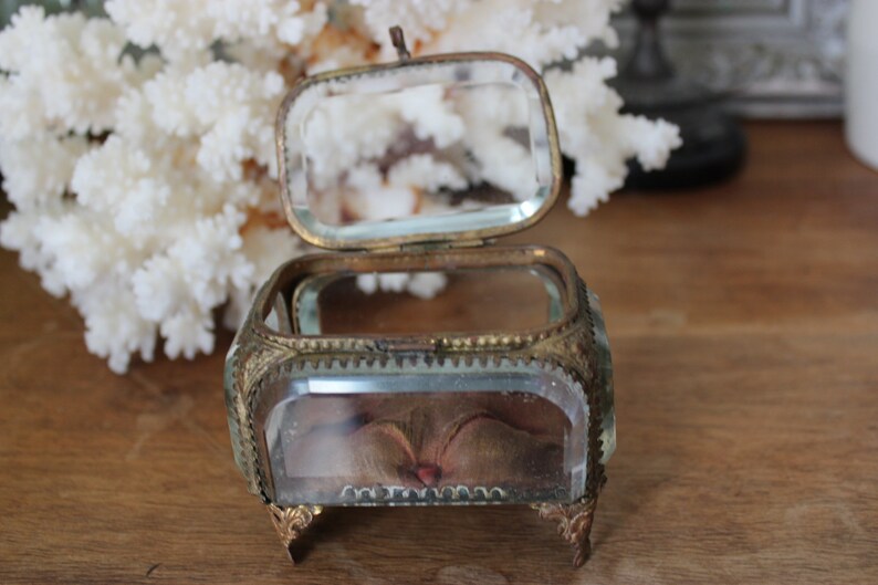 May include: A small, antique glass and brass trinket box with a hinged lid. The box has a decorative, ornate design and sits on four small feet.
