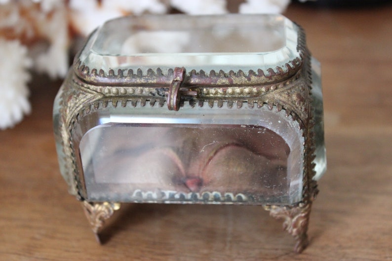 May include: A small, clear glass trinket box with a brass hinged lid and ornate feet. The box is empty and has a slightly aged appearance.