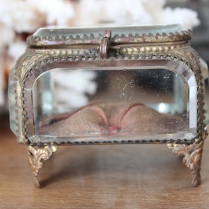 May include: A small, clear glass trinket box with a gold-toned metal frame and ornate feet. The box has a hinged lid and a velvet lining.