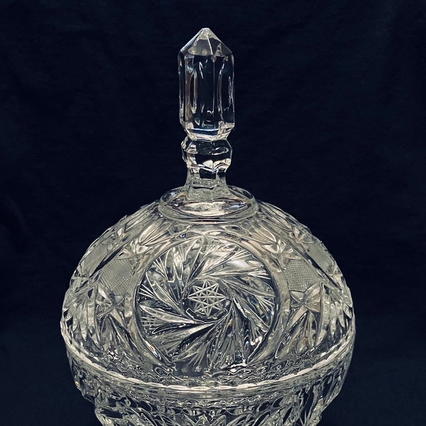 ANTIQUE American Cut Crystal Covered Globe Orb Footed Compote Candy Dish Buzz Star Crosshatcing Flute Prism Finial