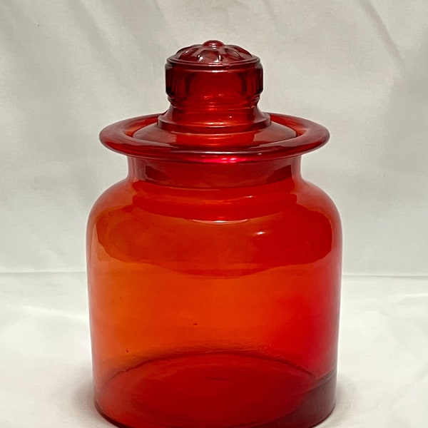 VINTAGE Takahashi Japanese Blown Art Glass Ruby Red Centerpoint Apothecary 7" Jar Japan