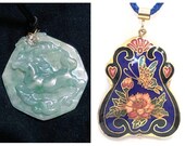 JADEITE Natural Green Jade Hand carved Chinese Horse Qian Yin Yang pendant CLOISONNE Vintage Sankofa Pendant necklace Rose Butterfly