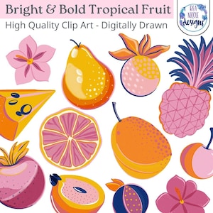 Tropical Fruit Clipart Bundle - Vibrant Pink, Orange, Yellow & Navy Blue Digital Illustrations