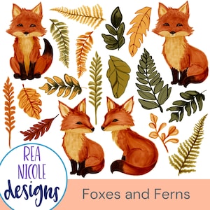 Füchse & Farne Clipart Sammlung - digital Hand gezeichnet