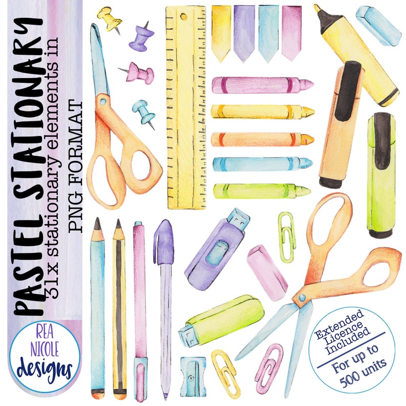 Stationary Clipart - Handdrawn Watercolor Clipart, Perfect for ...