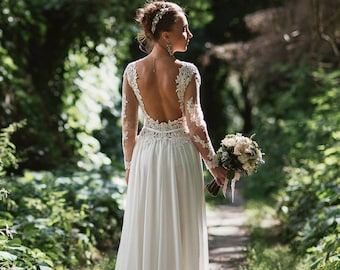 Bohemian wedding dress long sleeves, boho bridal dress, open back, lace wedding dress, wedding dress long sleeves, macrame wedding dress