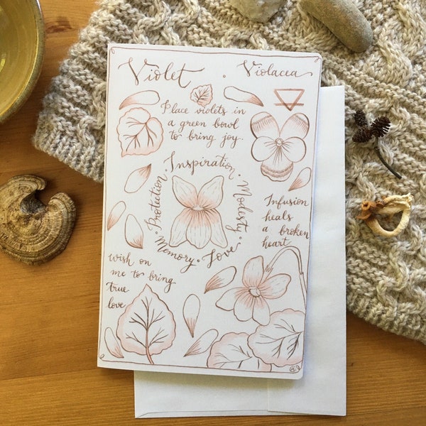 Violet Grimoire Page Greeting Card or Print- Plant Magic - Plant Folklore