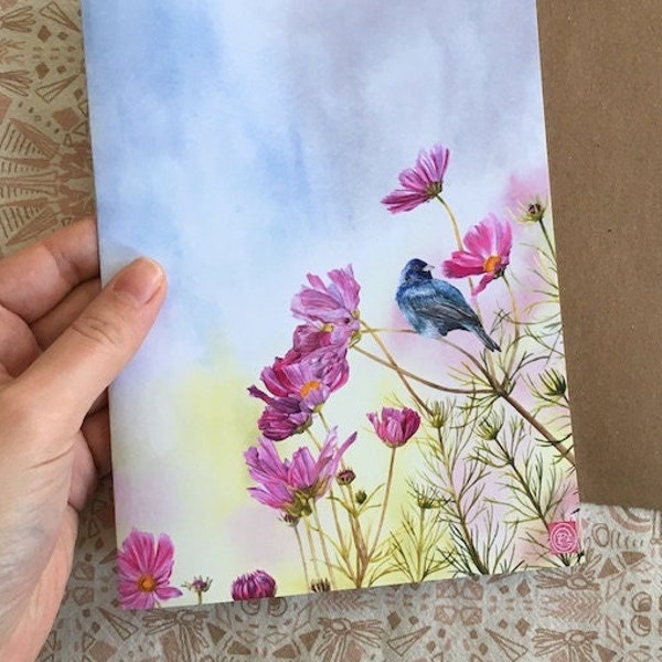 Cosmos flower and Indigo Bunting Watercolour Painting - Blue Bird - Pink Flower - Canadian wildlife