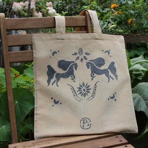 Light Beige Horse and Centaurea Naturally Dyed Tote Bag - Organic Cotton Bag - Indigo Dye Bag - Biodegradable and Sustainable