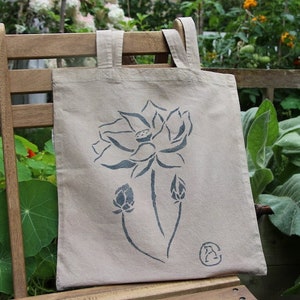Light Grey Lotus Naturally Dyed Tote Bag - Organic Cotton Bag - Indigo Dye Bag - Biodegradable and Sustainable