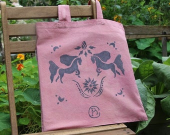 Pink Horse and Centaurea Naturally Dyed Tote Bag - Organic Cotton Bag - Indigo Dye Bag - Biodegradable and Sustainable