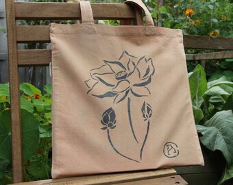 Pale Orange Lotus Naturally Dyed Tote Bag - Organic Cotton Bag - Indigo Dye Bag - Biodegradable and Sustainable -