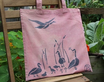 Pale Pink Canada Goose Family Naturally Dyed Tote Bag - Organic Cotton Bag - Indigo Dye Bag - Biodegradable and Sustainable