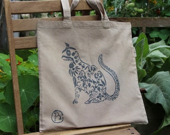 Light Grey Cat Wildflower Naturally Dyed Tote Bag - Organic Cotton Bag - Indigo Dye Bag - Biodegradable and Sustainable
