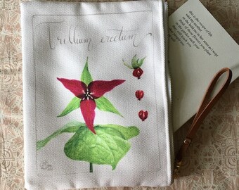 Trillium erectum zippered pouch - Botanical Painting - Charm - Watercolor Painting - Carry-all - Gift for nature lover - Wild flower