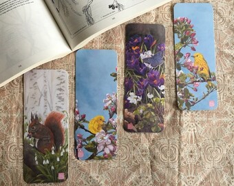 4 Spring Animals Bookmarks - North American Fauna and Flora - Watercolor Botanical Painting - Gift for book lovers- Yellow Warbler Crocus