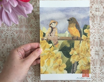 Cassia Fistula Watercolour Print - Fairy and Bird - Orange Breasted Trogon Bird- Spring 2022 - Vietnamese Flora and Fauna - Vietnam