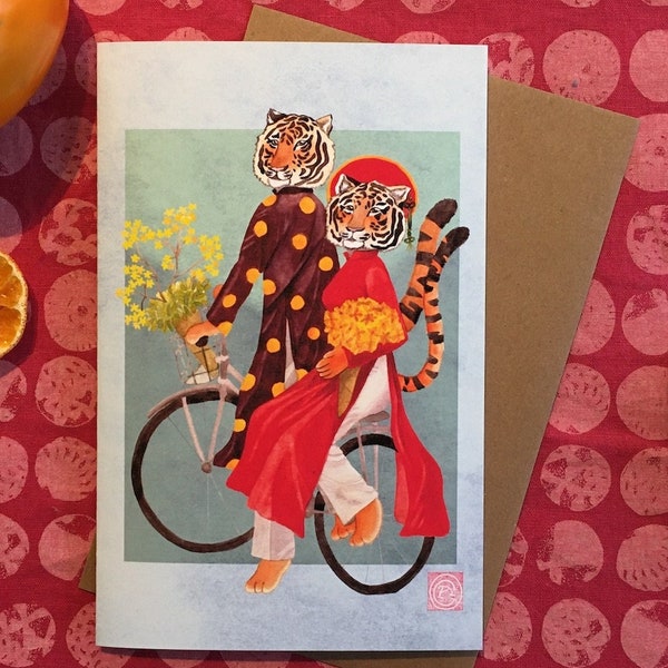 Tet Vietnamese Tigers on Bicycle Watercolour Painting Print or Greeting Card - Lunar New Year 2022 - Year of the Tiger - Spring - Vietnam