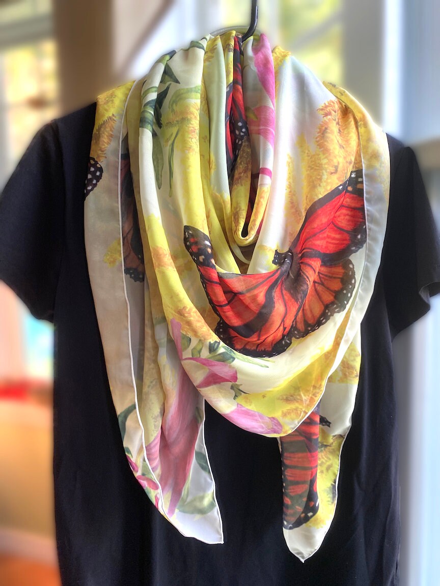 Monarch Butterfly and Goldenrod - Botanical Painting - Vegan fabric - Watercolor Painting - Square Scarf
