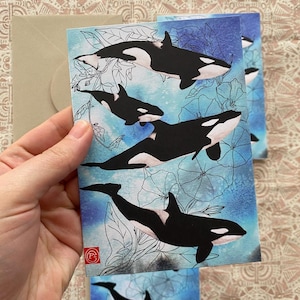 Famille d'épaulards et liserons des champs aquarelle carte de voeux ou impression - orque - bébé baleine -