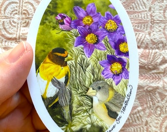 Grosbeak couple and Purple Pasque flowers- Vinyl Stickers - Summer Sticker - Watercolor Painting - Water bottle sticker