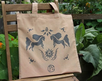 Pale Orange Horse and Centaurea Naturally Dyed Tote Bag - Organic Cotton Bag - Indigo Dye Bag - Biodegradable and Sustainable