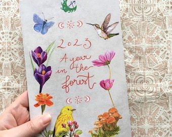 A Year in the Forest 2023 - Monthly Stories - Watercolour painting - Canadian forest - Zine - Booklet - Grimoire - Calligraphy - Animals