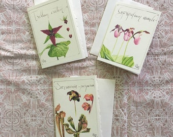 Wild Flowers Thank you Card Set - 3 small cards - Wild Orchid - Carnivorous plant - Watercolour Painting - North American Flowers