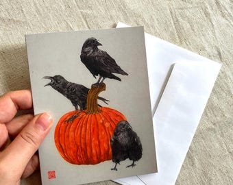 3 Crows on a Pumpkin Print and Thank you card- Watercolour Painting