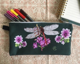 Drangonfly Mallow Pencil Case - Botanical Painting - Charm - Watercolor Painting - Full Colour - Unique School Supplies