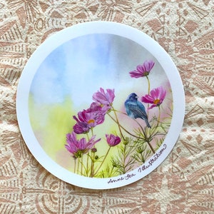 Fleur de cosmos et guirlande d'oiseaux indigo - Stickers vinyle - Sticker été - Aquarelle - Sticker bouteille d'eau