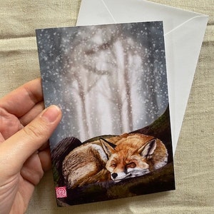 Fox Sleeping Watercolour Painting - Fox in snow card - Canadian wildlife
