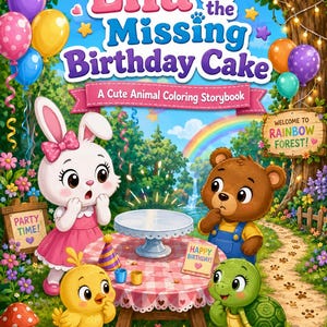Puede incluir: Una portada de libro infantil titulada Lila and the Missing Birthday Cake, A Cute Animal Coloring Storybook por dw Duque. Muestra a un conejo blanco, un oso pardo, un pollito amarillo y una tortuga verde alrededor de una mesa.
