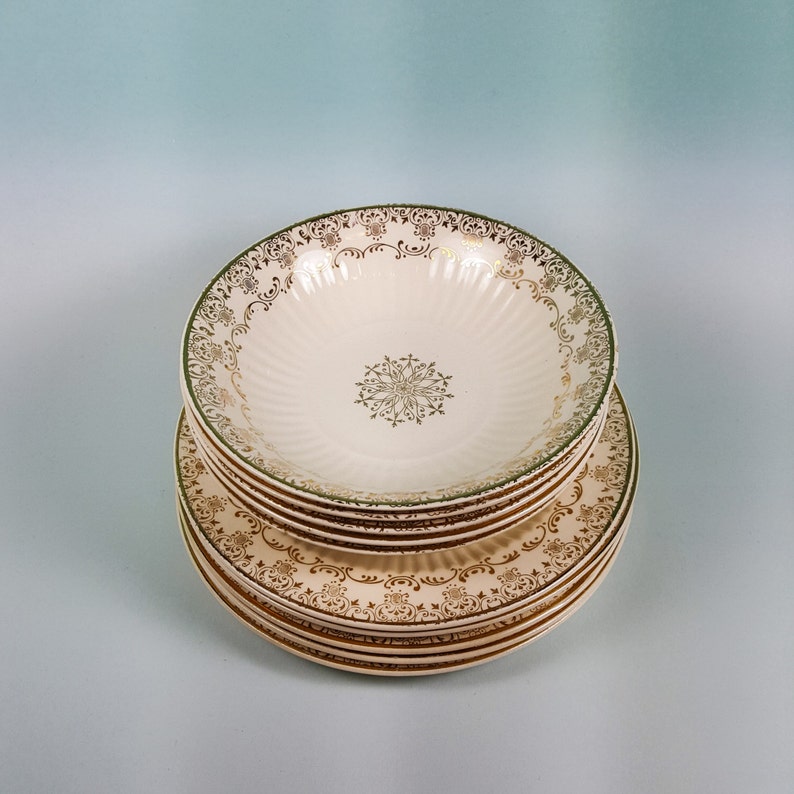 Holiday China Snowflake China Gold China Berry Bowls Berry Bowls /& Bread Plates Set Mismatched China Small Bowls Bread Plates
