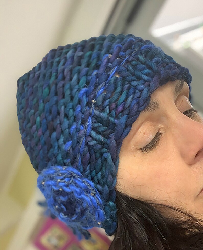 Handspun knit flower hat Skull knit cap Striped knit hat Blues Beanie knit hat