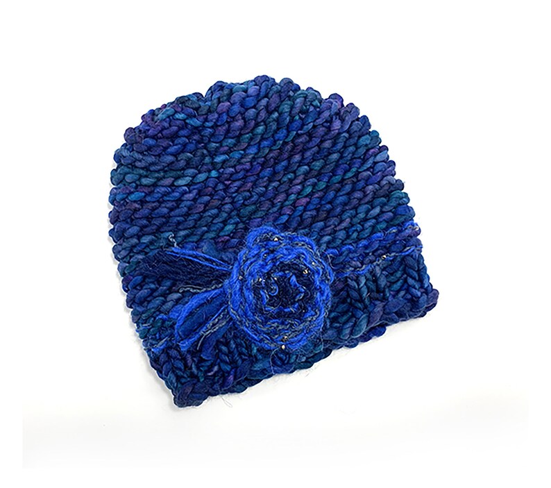 Handspun knit flower hat Skull knit cap Striped knit hat Blues Beanie knit hat
