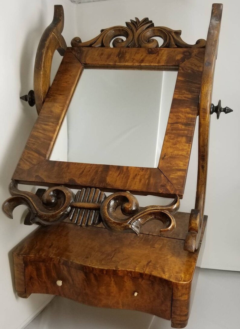 Vintage Fruitwood Veneer Dresser Top Vanity Mirror With Drawer Etsy