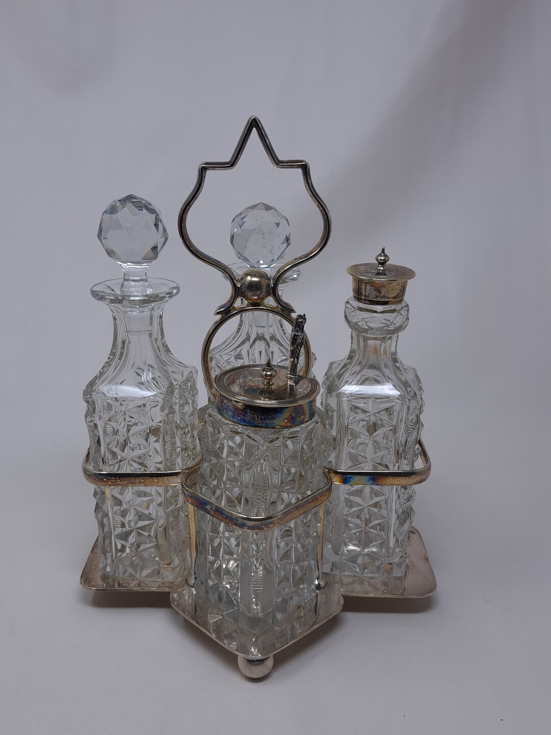 Vintage 4 Piece Cut Glass Cruet Set Art Deco Electro Plated Nickel