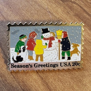 Season&#39;s Greetings Stamp Pin - Children Build Snowman