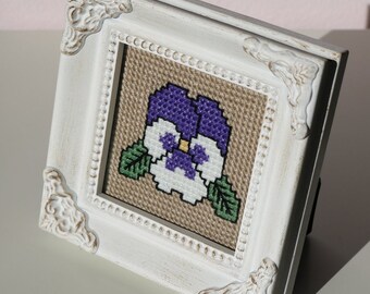 Framed Cross Stitch Pansy Flower