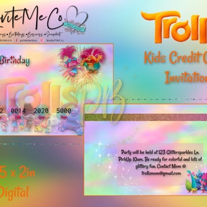 Invito stampabile con carta di credito per compleanno Trolls